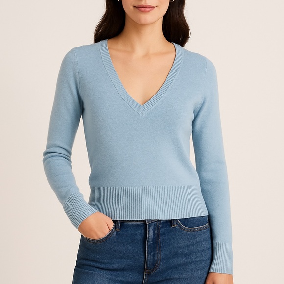 French Connection Sky Blue V-Neck Sweater - Picture 1 of 7